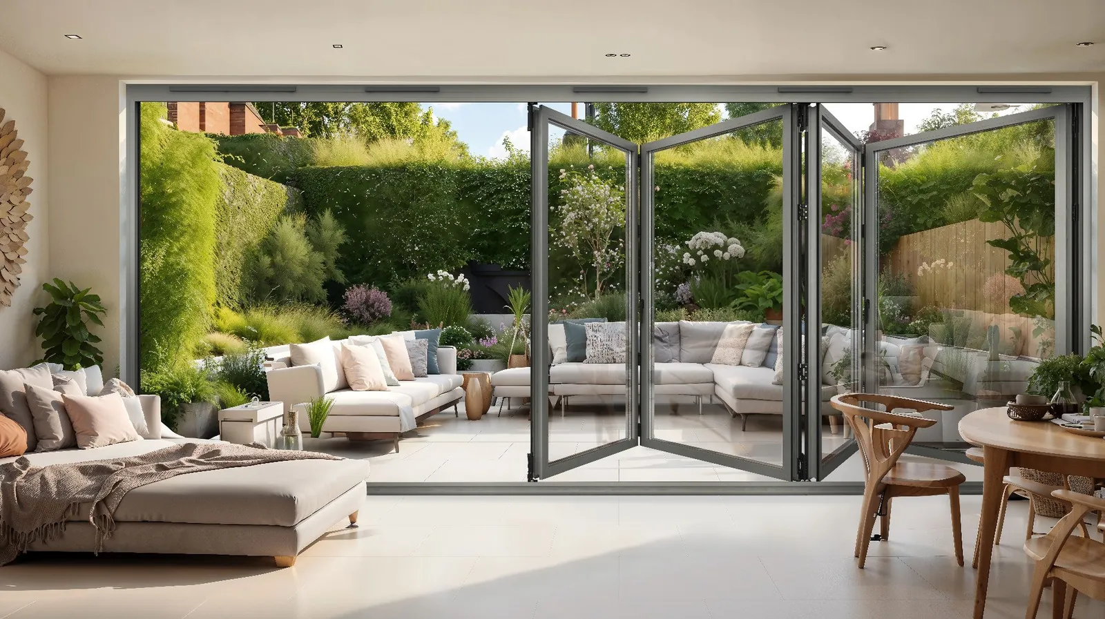 Aluminium bifold doors open onto a garden terrace